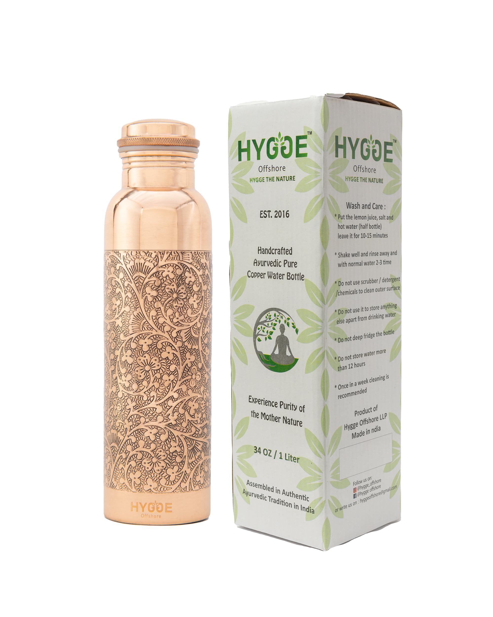HYGGE Copper Water Bottle for Drinking – 34oz Engraved Pure Copper Water Bottle – Travel Water Bottle for Gym, Office, Hiking, Outdoor – Ayurvedic Water Bottle with Lid — image 1