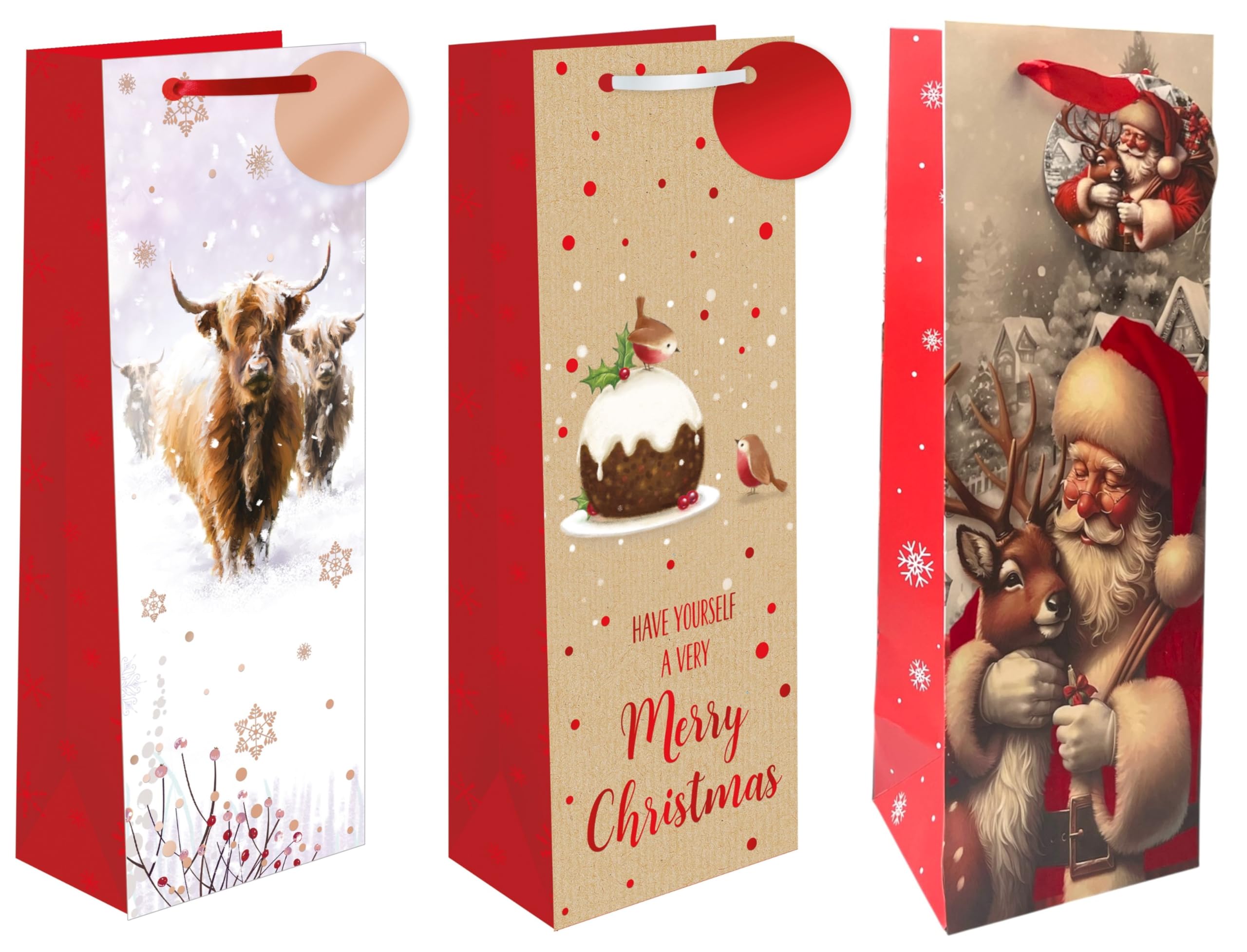 Cards Galore Online Set of 3 Christmas Wine Bottle Gift Bags with Tags - Traditional Contemporary Designs