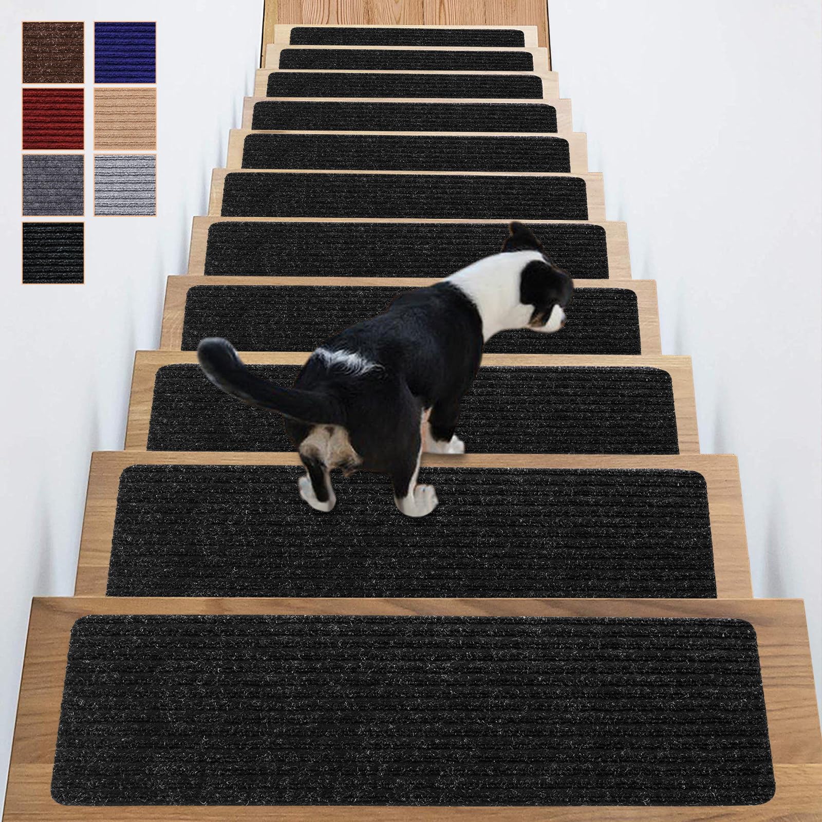 Photo 1 of Antdle Carpet Stair Treads for Wooden Steps Non-Slip Indoor 16pcs 8x30inch Stair Treads Carpet Anti Slip for Dogs, Elders, Kids Stair Runners for Wooden Steps Stair Pads Mats Covers Pads, Black