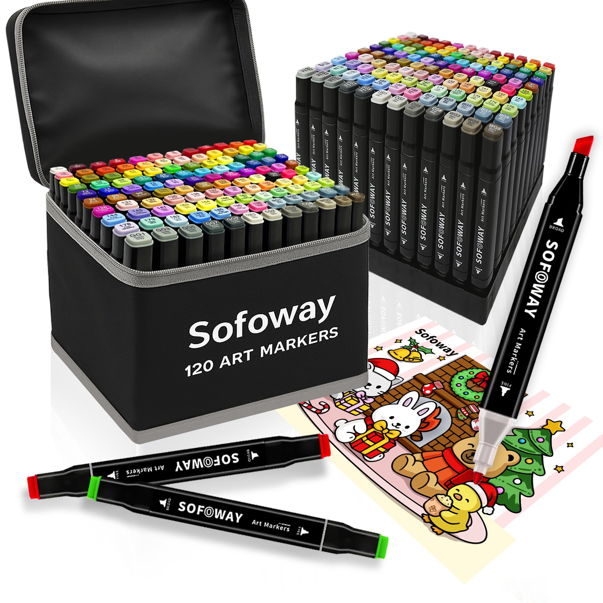 120 Color Alcohol Markers Set, Sofoway Art Markers Dual Tip Alcohol Based Markers with Penholder for Kids Adults Coloring Drawing Artists Illustration