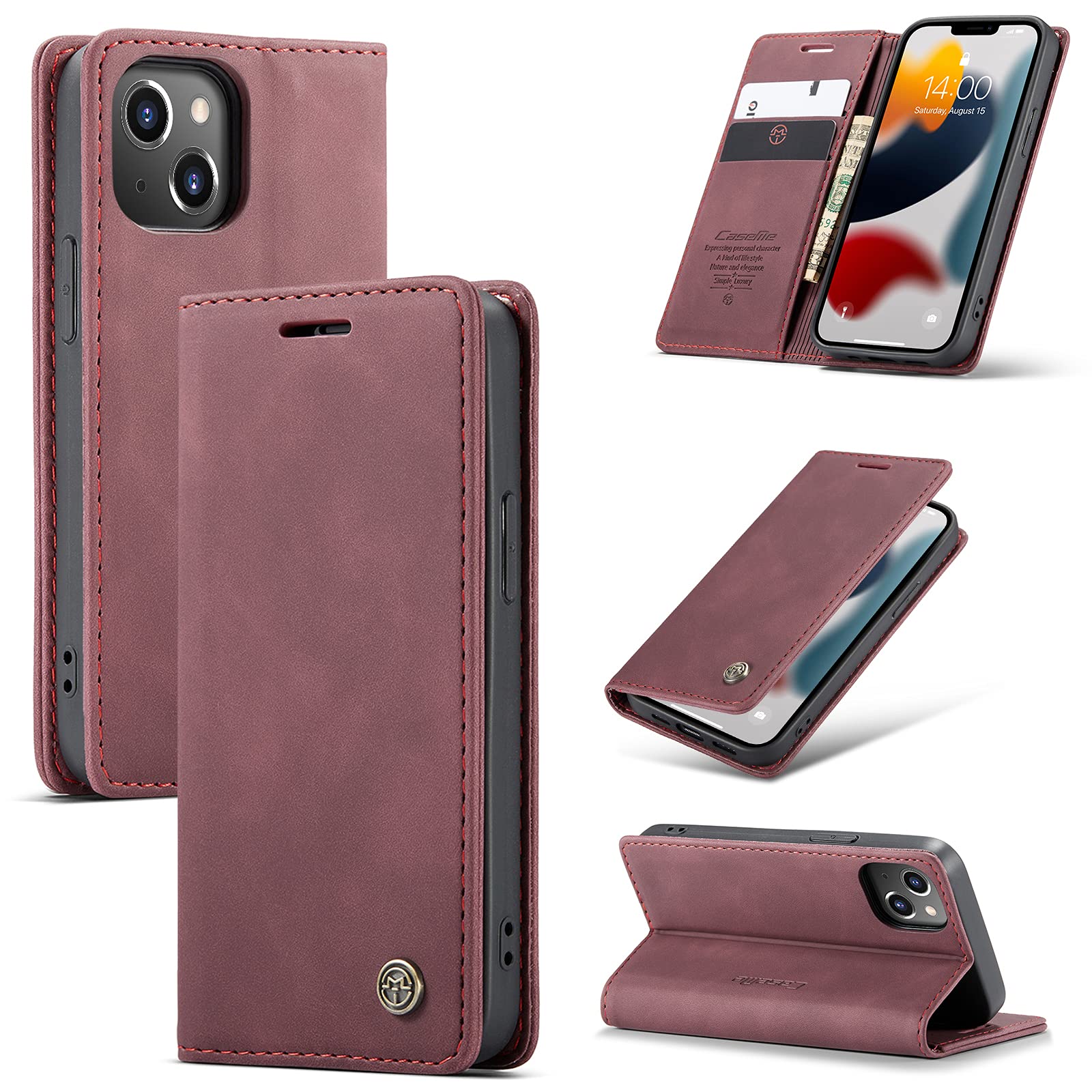 UFinetech Case for iPhone 13 Mini, Shockproof Anti-scratch Cover Compatible with iPhone 13 Mini 5.4”, Leather TPU Slim Soft Flip Magnetic Closure Kickstand Card Holder Wallet Camera Protector, Red