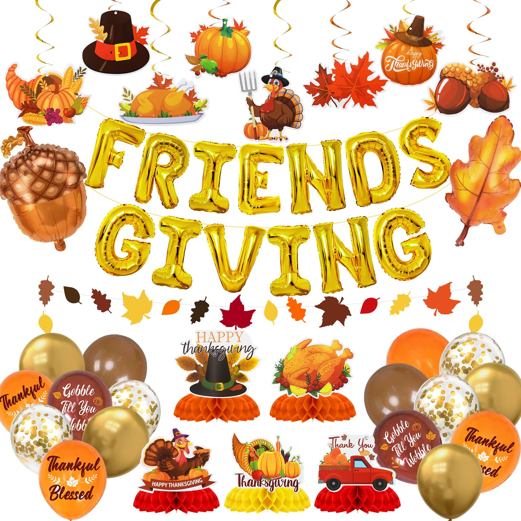 Photo 1 of 76Pcs Friendsgiving Party Decorations, Hanging Swirls Friendsgiving Balloon Banner Pinecone Maple Leaf Foil Balloons Thanksgiving Centerpiece Fall Leaf Garland for Mantel Fireplace Wall Party Supplies