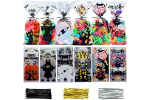 VEYLIN 120Pcs Halloween Cellophane Treat Bags, Cartoon Clear Candy Bags with Twist Ties for Halloween Party Favors Supplies