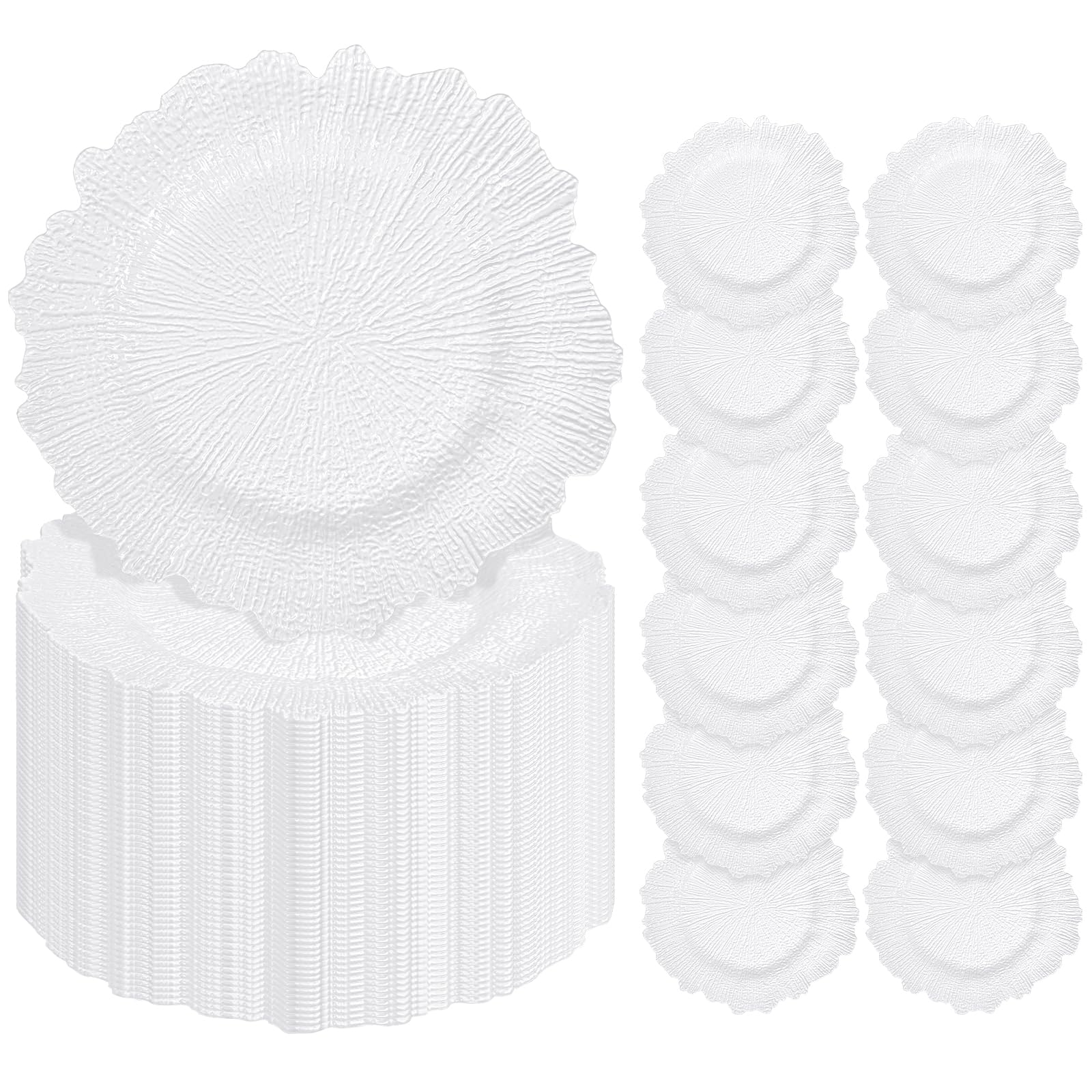 Photo 1 of ******PARTIAL SET OF 24 PLATES********Pesonlook 100Pcs White Charger Plates Round 13inch, Reef Plate Chargers for Dinner, Bulk Plastic Floral Table Charger Plates for Dinner Wedding Party Event Table Setting Decoration(White)