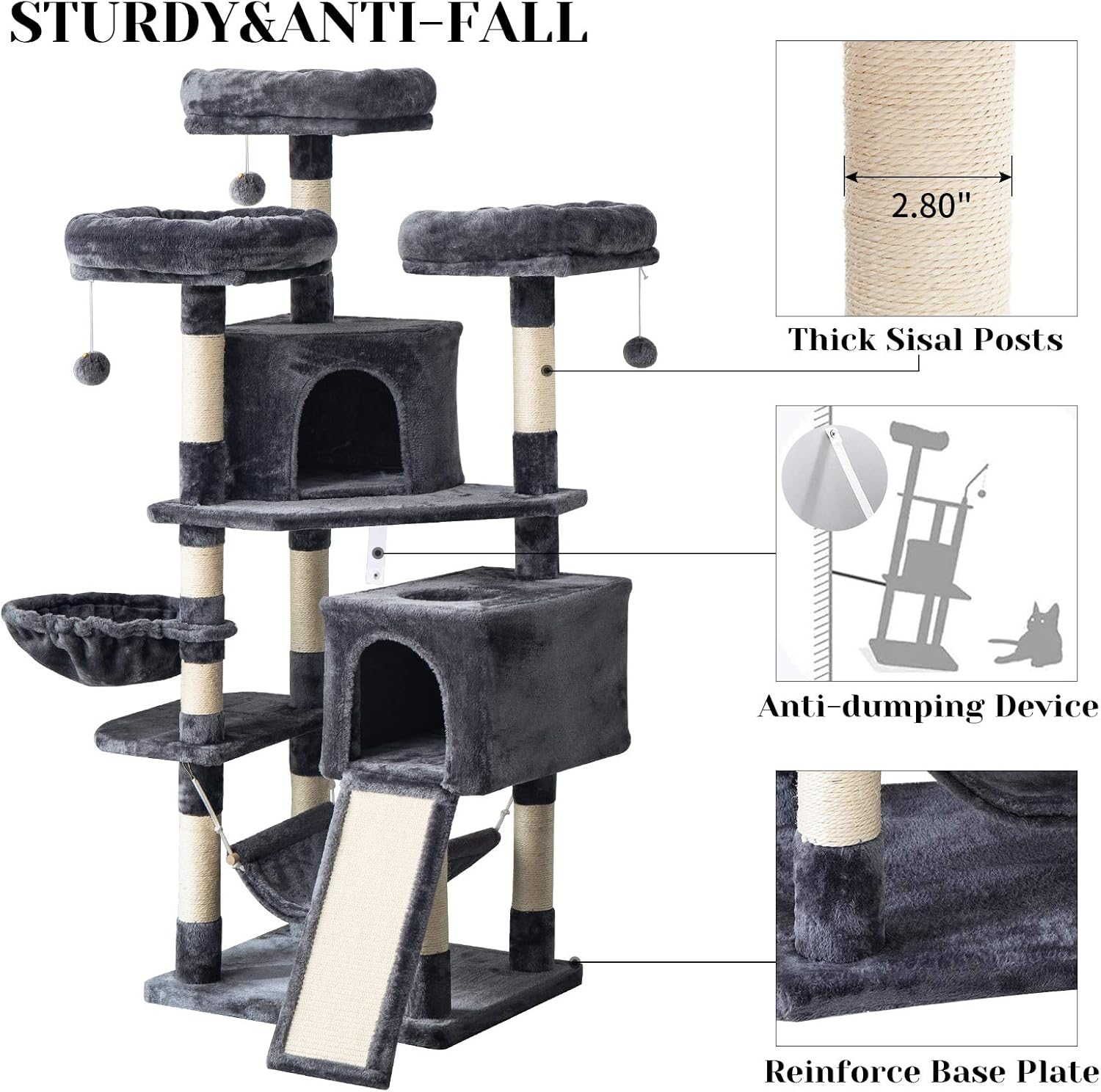 IBUYKE 63 inches Multi-Level Cat Tree Tower for Large Cats Play Furniture Cat Condo with Sisal Scratching Posts&Board, Platforms, Hammock Basket, Dangling Balls, Smoke Gray UCT021G : Pet Supplies