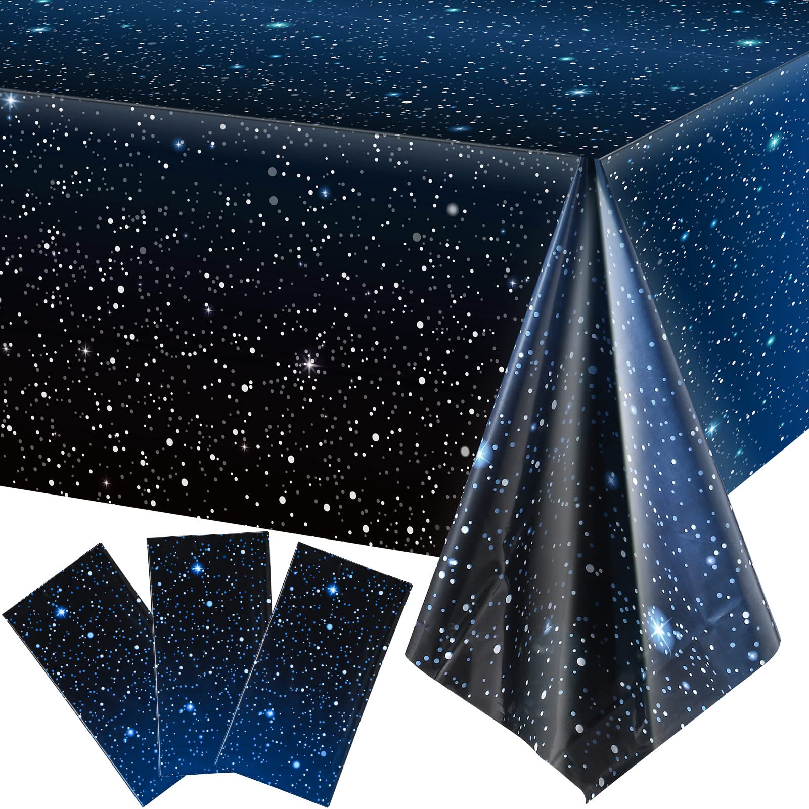 Space Tablecloth Starry Night Tablecloth Decorations Plastic Galaxy Table Cover Space Stars Theme Party Supplies for Birthday Home Decorations, 54 x 108 Inch (3 Pieces)