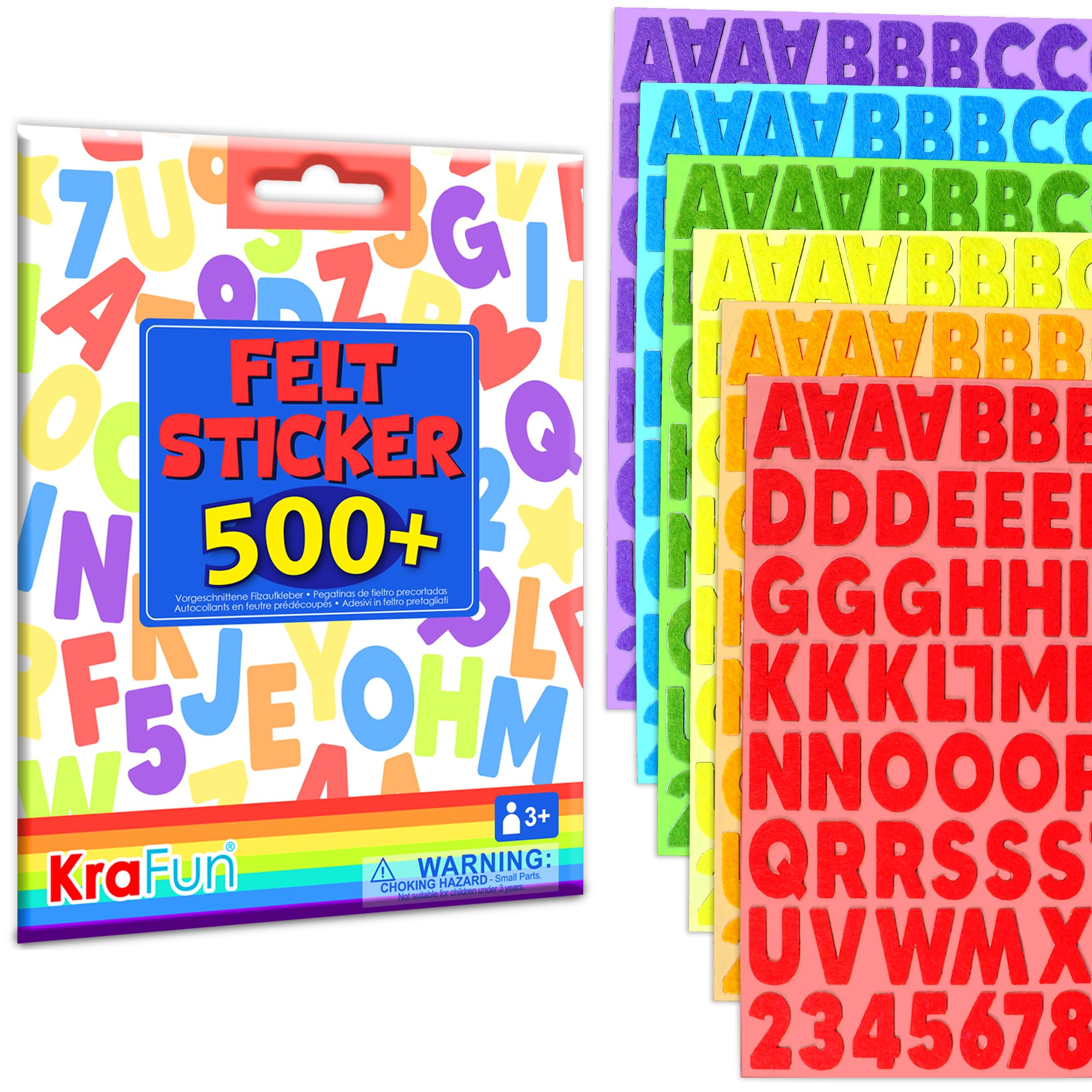 KRAFUN 500+ Felt Stickers for Toddlers & Kids - Self-Adhesive Alphabet Letters, Numbers & Shapes - No-Mess DIY Scrapbook Arts and Crafts Supplies - Educational Learning Activity Gift for Ages 3+