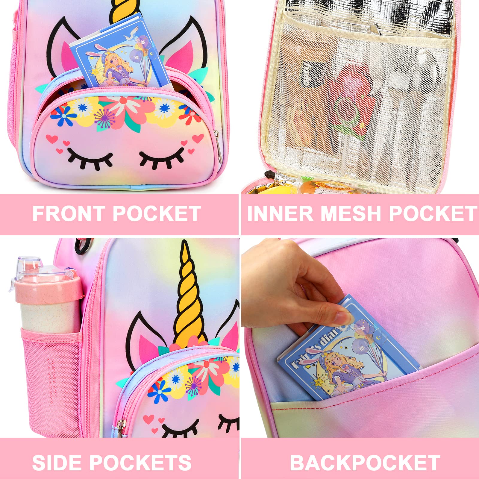 BTOOP Lunch Box Kids for Girls Insulated Lunch Bag Cute Reusable Toddler Thermal Meal Cooler Tote Crossbody Bags with Removable Shoulder Strap for School Travel (Rainbow 1)