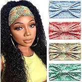 SAWINDA Boho Headbands for Women Floral Pattern Wide Head Bands Stretchy Non Slip Hair Bands for Women's Hair African Cloth Bandanas for Women Yoga Workout Head Wraps Accessories 4 Pack