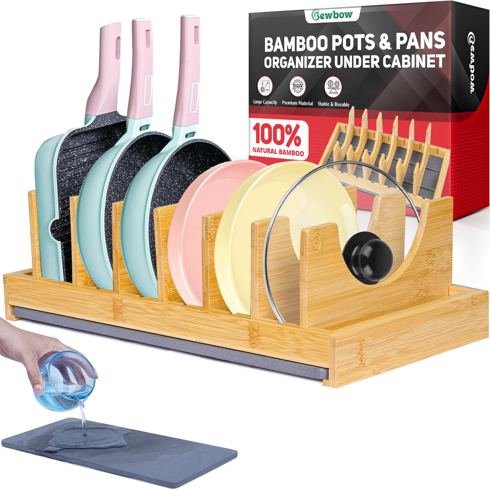 Photo 1 of [Upgraded] Bamboo Pots and Pans Organizer under Cabinet, Bakeware and Cutting Board Organizers with Diatomaceous Earth Base & 7 PCS Adjustable Dividers, Tray Organizer for Kitchen Storage