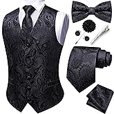 YOHOWA Mens Suit Vest Silk Tie Bowtie Set Paisley Jacquard Formal Waistcoat Clip Hanky Cufflinks Lapel Pin Wedding Party 8PCS