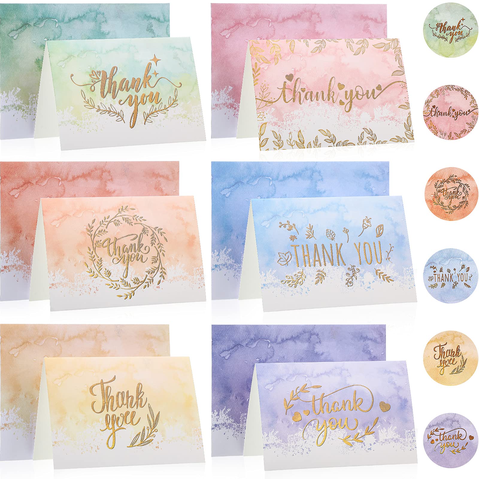 Photo 1 of 24 Pack Watercolor Thank You Cards with 24 Envelopes 24 Stickers 6 Designs Gold Letter Greeting Note Cards Thank You Notes Round Envelope Seal Stickers for Wedding Graduation(Lovely Style)