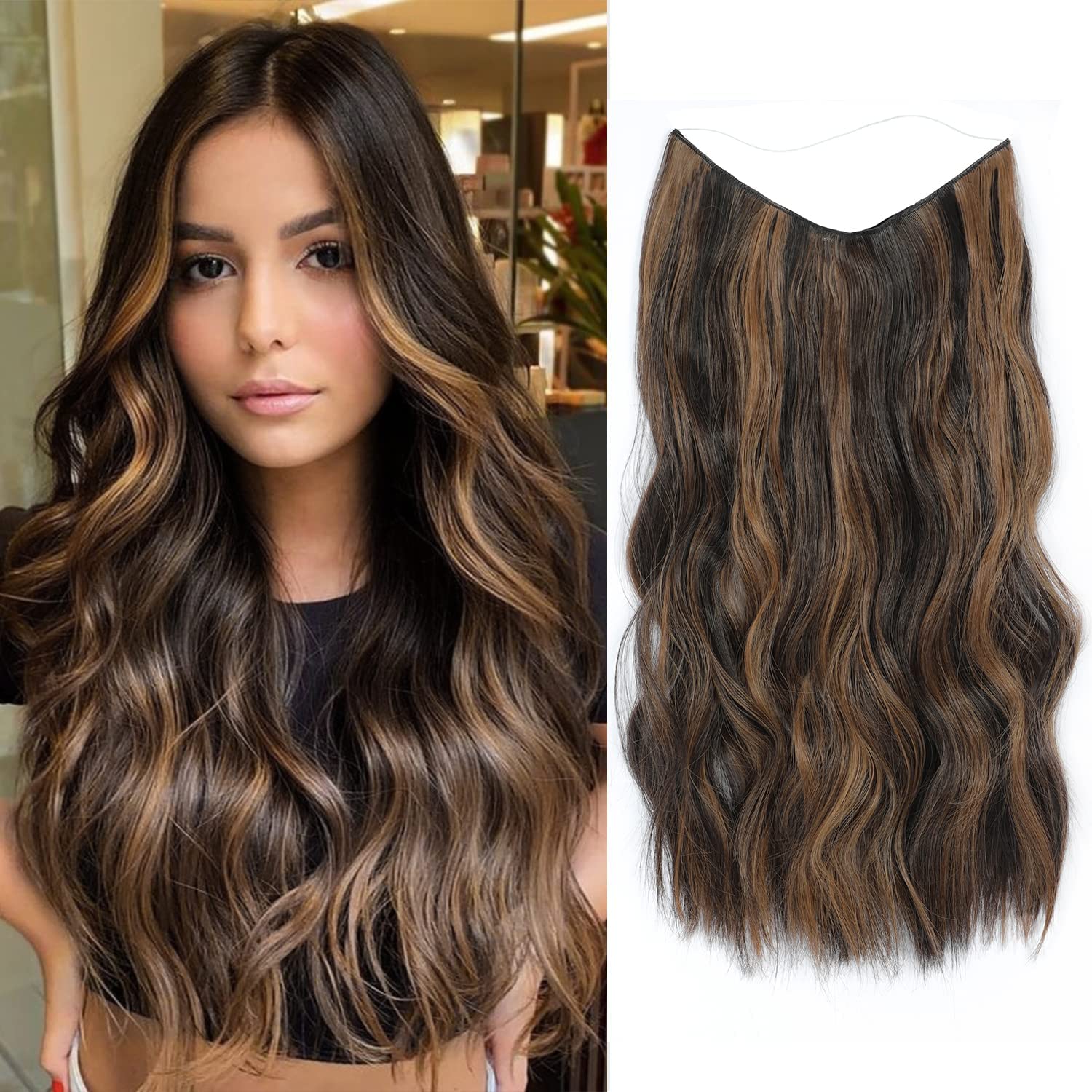 Ms TAj Balayage Dark Brown to Chestnut Halo Hair Extensions 20 inch with Adjustable Size Removable Clips Invisible Secret Synthetic Curly Hairpiece for Women — image 1