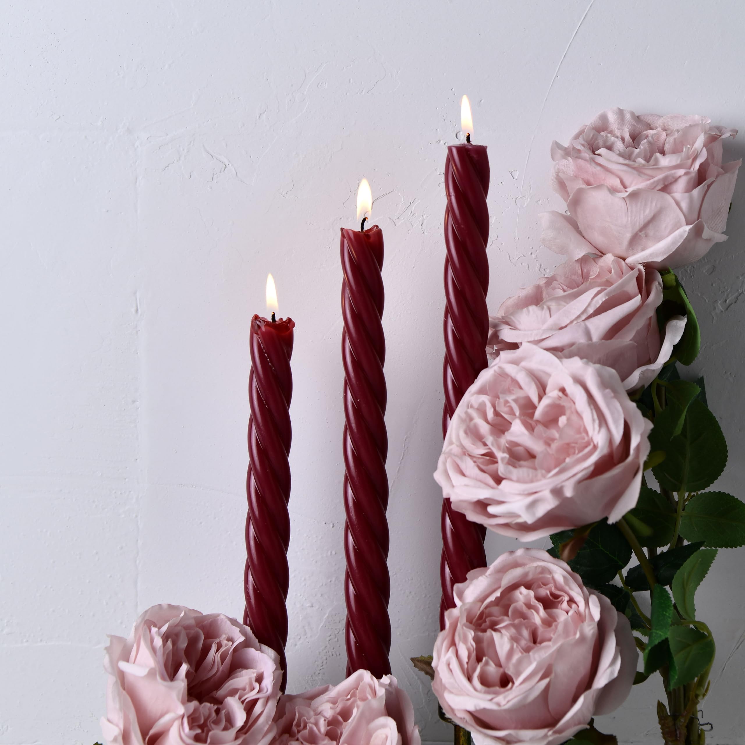 Photo 1 of 10 Inch Burgundy Red Spiral Taper Candles, 4 Pack Unscented Dripless Long Burning Time Glossy Candlesticks for Dinner Party, Wedding Shower and Home Decoration (Burgundy)