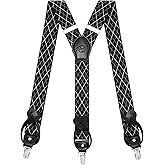 Kohentact Suspenders for Men with Clip & 6 Buttons 1.4in Y-Shape Stainless Steel, Black and White Argyle Pattern