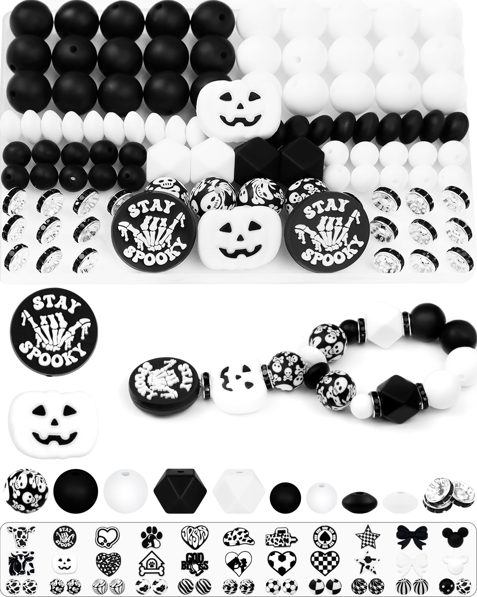 Photo 1 of 102PCS FIVEIZERO Black & White Focal Silicone Beads for Keychain Making – Halloween, Round, Lentil, Hexagon & Rhinestone Spacer Beads for Pens, Bracelets & DIY Crafts (Halloween Style)