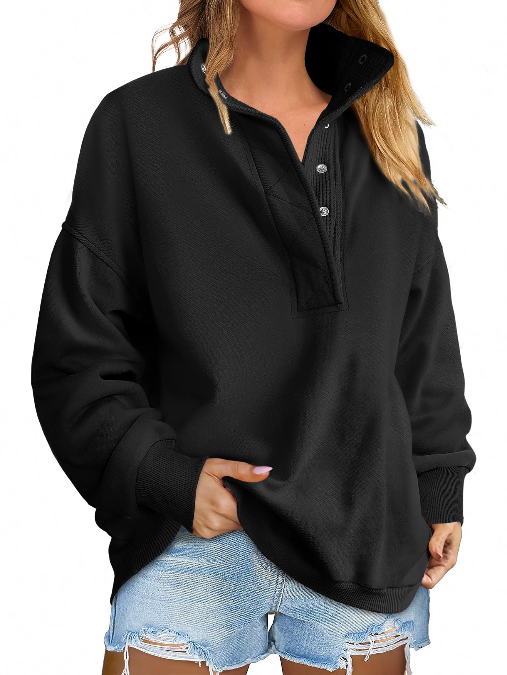 Photo 1 of ANRABESS Womens Oversized Sweatshirt Long Sleeve Henley Pullover Tops 2025 Fall Casual Button Loose Fit Teens Fashion Outfits Black Small