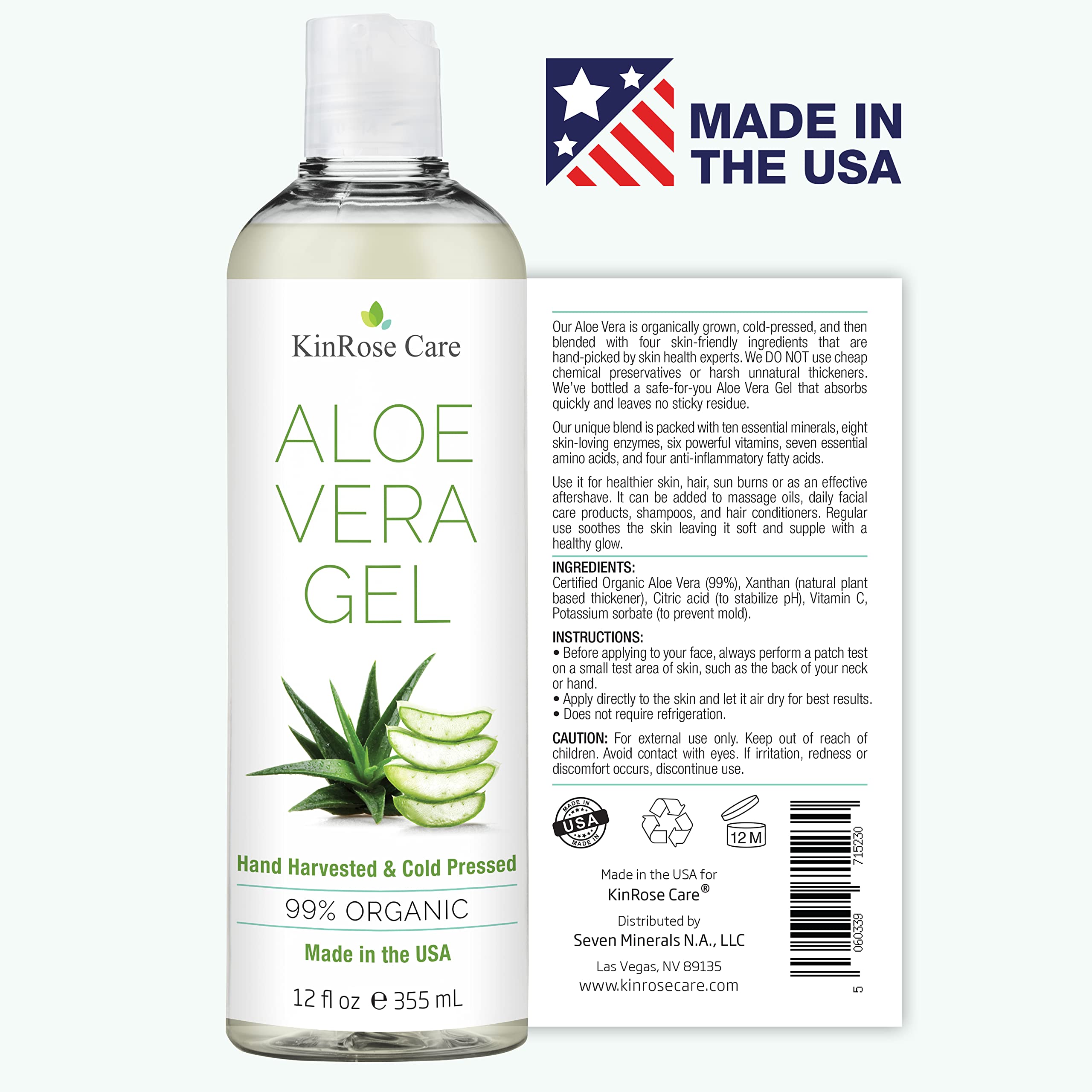 12oz Organic Aloe Vera Gel for Face, Skin, Hair & Sunburn Relief - From 100 Percent Pure Aloe Vera - Cold Pressed, Vegan, Unscented - Made in USA.