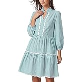 D-Sun Women Long Sleeve Mini Dress Striped V-Neck Holiday Dress with Pockets Cotton Casual A-Line Tunic Sundress