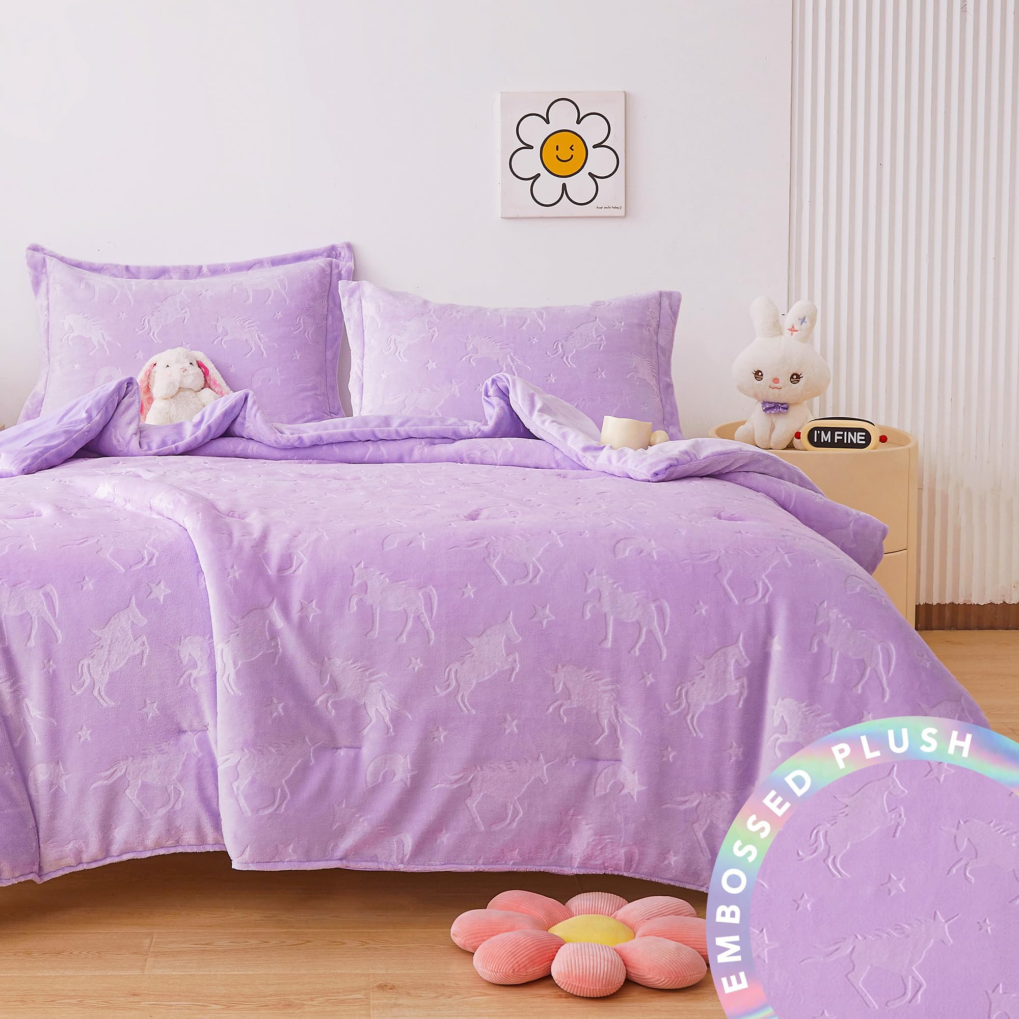Mooreeke Twin Kids Comforter Bed Set, Embossed Plush Fleece Soft & Warm 2 Piece Bed in A Bag with Shams, Velour Velvet Purple Unicorn Girls Kids Bedding Set, Fluffy Fuzzy Polar Cozy and Stylish