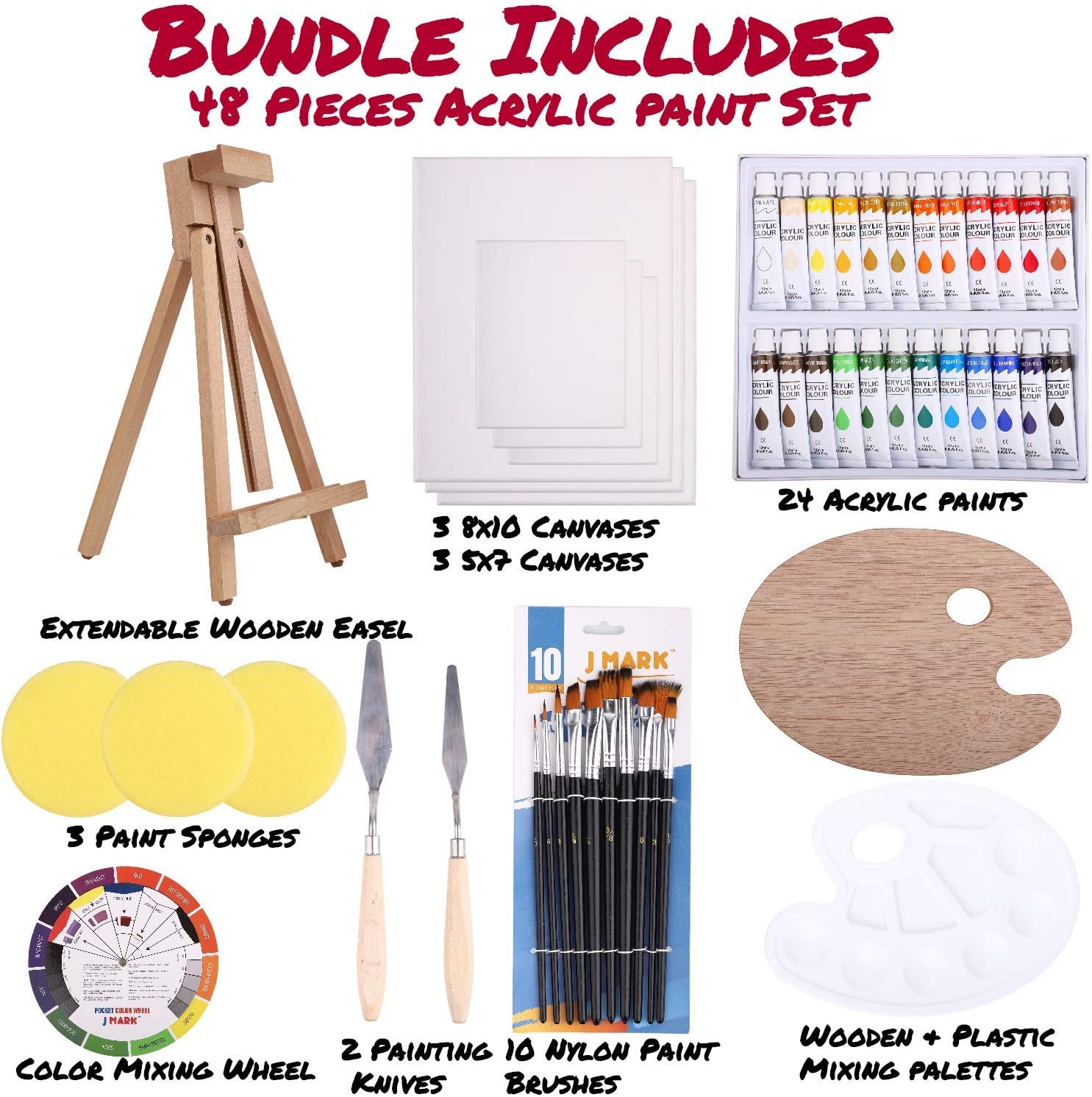 48pc Deluxe Painting Kits for Adults - Includes Adjustable Wood Easels, 10 Brushes Set, 24 Acrylic Paints, Wooden and Plastic Palettes, 2 Painting Knives, 3 Sponges, Canvases, Color Mixing Wheel