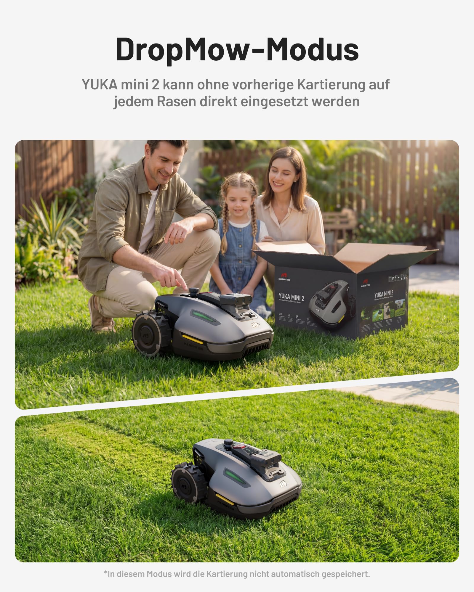MAMMOTION YUKA mini 2 500 Mähroboter ohne Begrenzungskabel, Empf. 500 m², Kein RTK, Kein Signalabbruch, KI TrueVision-Navigation, Auto-Mehrzonen-Kartierung, DropMow, RWD für 45% Steigung, 4.5Ah-Akku 9
