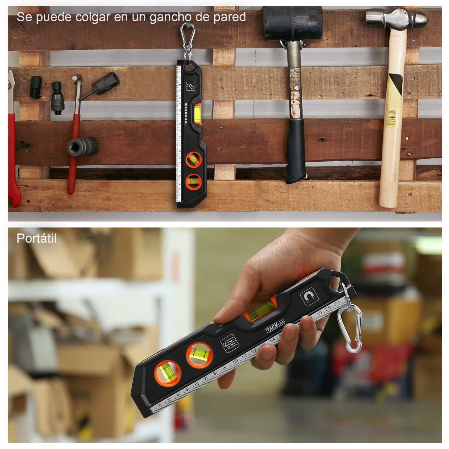 Nivel de burbuja, TACKLIFE -MT-L05-230mm Nivel torpedo magnética, Nivel tubular industrial con tres formas de medición para medir horizontal y vertical, 45 °de ángulo, con Agujero de Suspensión