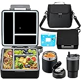 Bento Lunch Box for Kids with 17oz Soup Thermo,Insulated Tumbler Water Bottle and Insulated Lunch Bag,Leak-Proof 3 Compartment Lunch Food Container with Ice Pack for Kids to School-Black