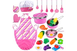 INNOCHEER Play Food for Kids Kitchen Cooking Playing Set, 26 PCS Kids Kitchen playset Accessories with Chef Hat Apron Dress Up, Toddler Cooking Chef Costume Set for 3 4 5 6 Year Old Girls Boys