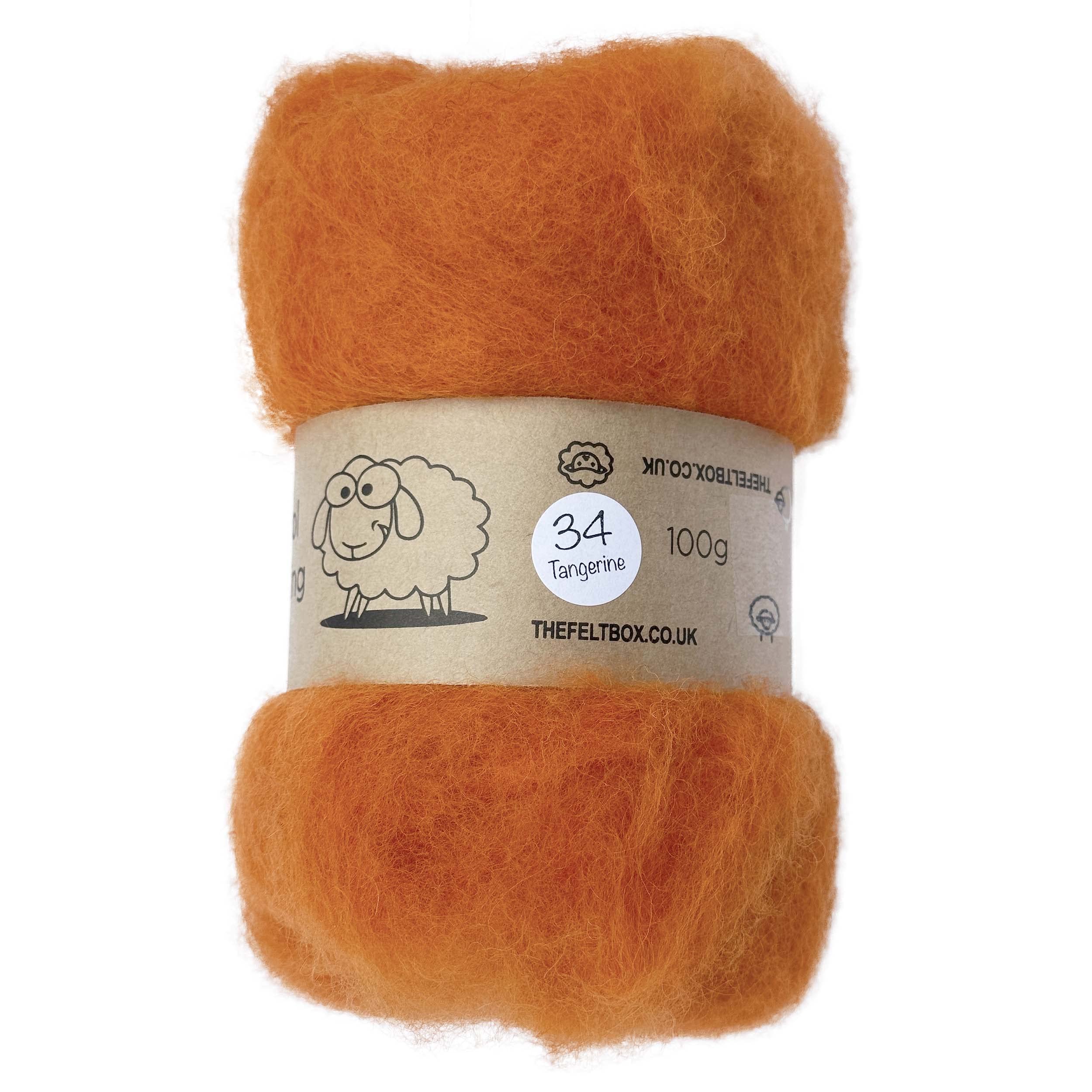 The Felt Box Orange Needle Felting Wool – Carded NZ Short Coarser Fibres, Tangerine #34, 100g (3.5oz) – Core or Finish Wool for Needle & Wet Felting, Fibre Art & Crafts
