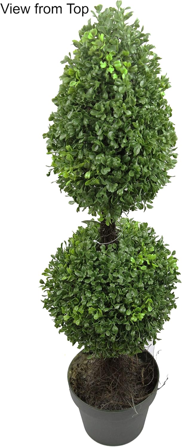 Admired By Nature 3’ Artificial Boxwood Leave Double Ball Shaped Topiary Plant Tree in Plastic Pot, Green/Two-tone- Set of 2 -