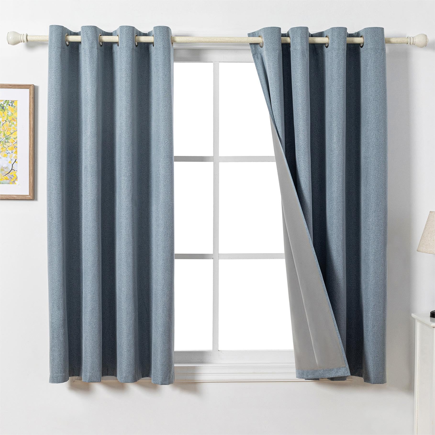 MYSKY HOME Opaque Curtain with Eyelets, Short Cold Protection, Blackout Curtains, Linen Look, Opaque Curtain for Living Room, Grey Blue, Set of 2, H 160 x W 140 cm