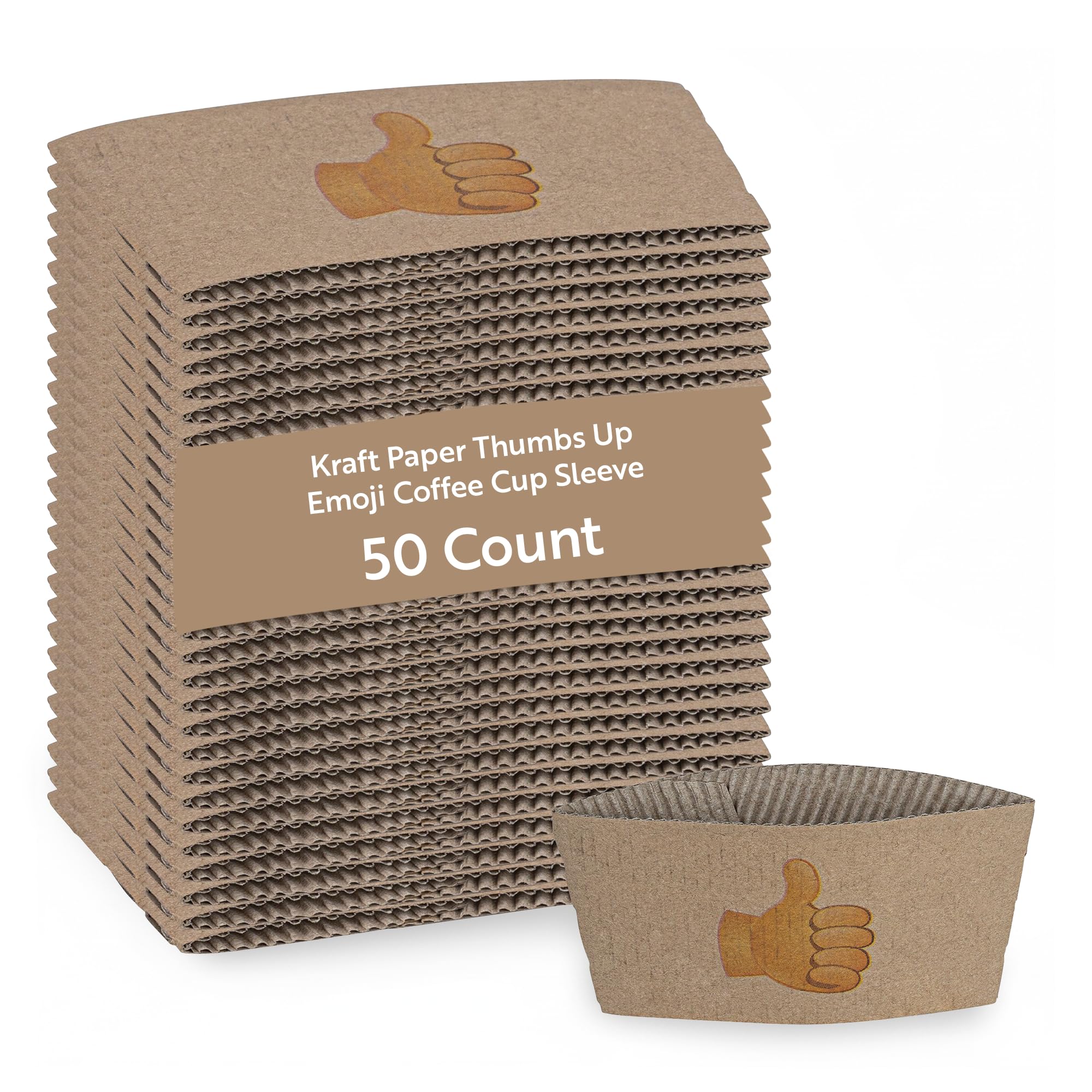 Restaurantware Coffee Sleeves Pack of 50 Corrugated Kraft Paper Coffee Cup Sleeves Fit for 12,16, 20-Ounce Hot Beverages Drinkwares Secure Grip Disposable with Thumbs Up Emoji For Cafes And Take Out