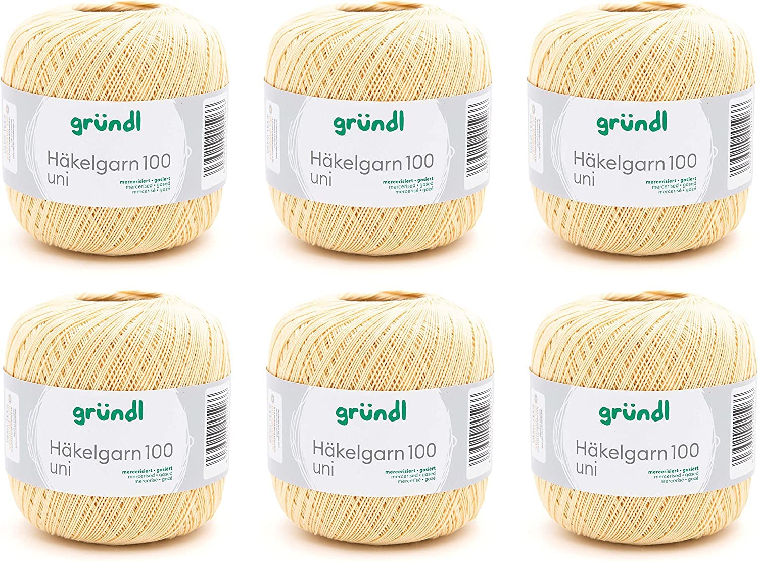 Gründl Crochet Yarn 100 Plain (Mercerised Cotton Yarn for Crocheting 100% Cotton, 100 g/566 m, Needle Size: 1.5-2, 6 x 100 g), Pastel Yellow