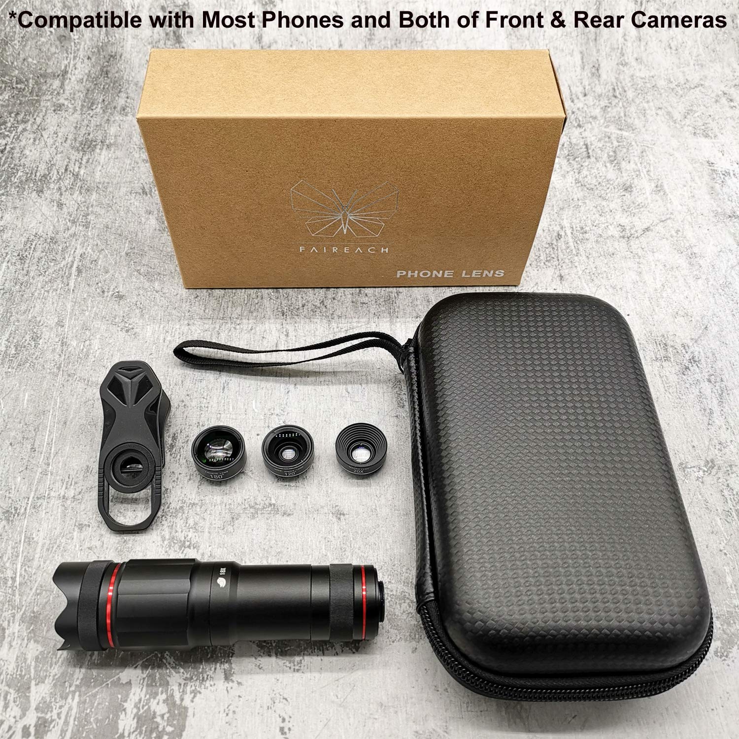 Phone Camera Lens, Faireach 4 in 1 Cell Phone Lens Kit - 18X Zoom Telephoto Lens +180° Fisheye Lens + 120° Wide Angle Lens+ 20XMacro Lens Compatible with iPhone X XS Max XR/8 Samsung Android