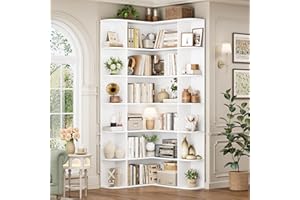 FOTOSOK 74” Tall Corner Bookshelf, 6-Tier Bookshelf and Bookcase with Open Storage, L Shaped Tall Bookcases Wooden Storage Sh