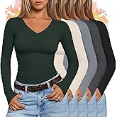 Oakgarden 5 Pack Women's Thermal Long Sleeve Shirts Fleece Lined V Neck Tops Slim Fit Base Layer Underwear Cold Weather