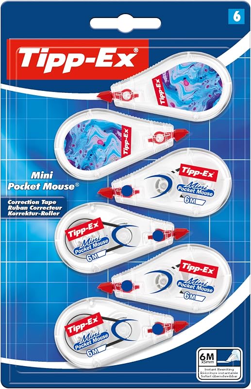 Cinta Correctora Mini Pocket Mouse – Óptimo para Material Escolar - 6 m x 5 mm, Pack de 6, Color Blanco