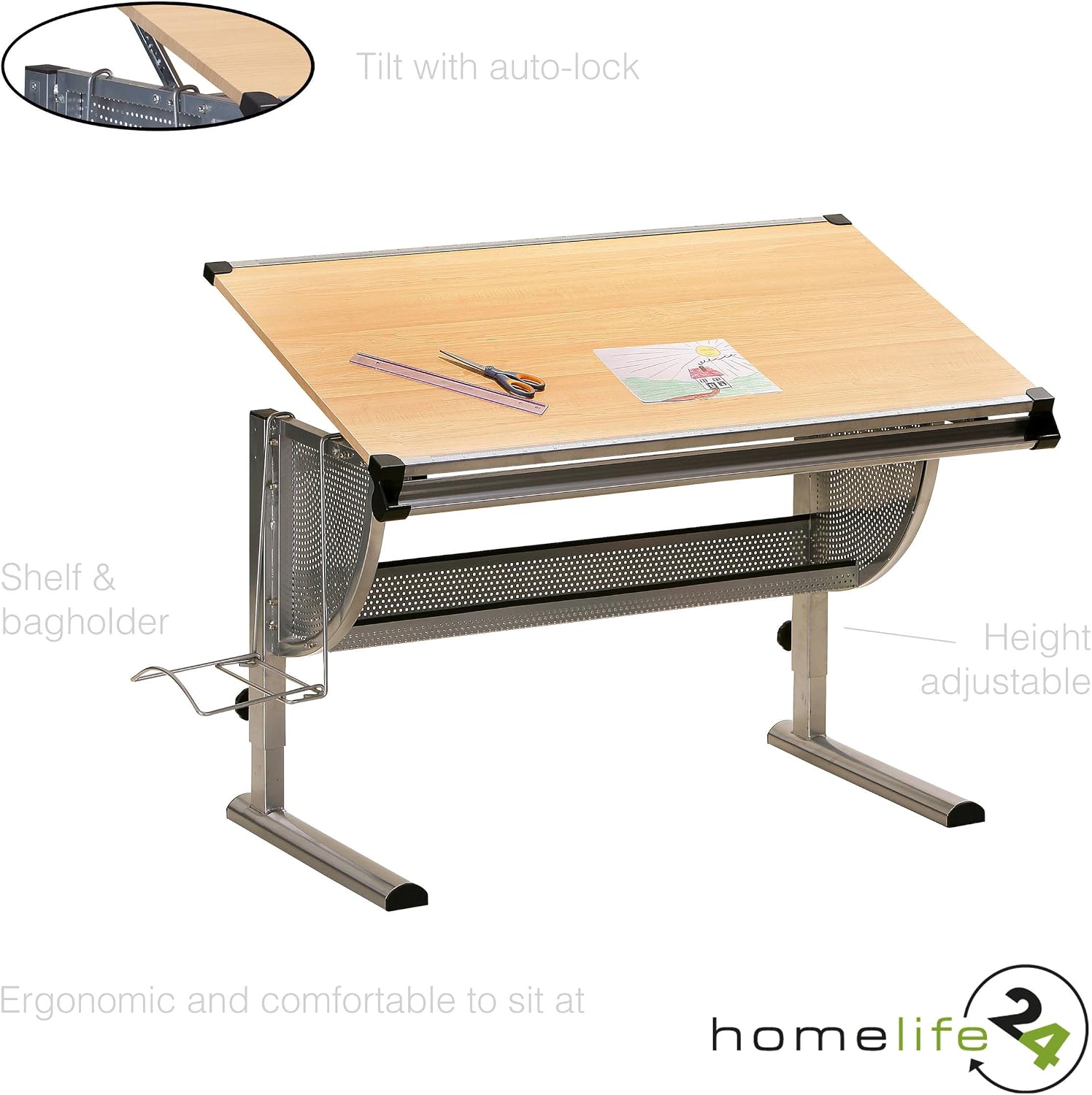 H24living Children S Work Desk Drawing Table Drawing Desk Kids Desk With Storage Kids White Desk Girls Desk Boys Desk Kids Art Desk Kids Desk Drawer Adjustable Desk Grey And Maple Decor Amazon Co Uk