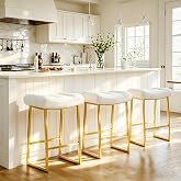 RNKSFX White &amp; Gold Counter Height Bar Stools Set of 3 for Kitchen Counter Backless Kitchen Island Barstools with Upholstered Faux Leather Seat and Gold Base Modern 24 inch Bar Chairs No Back