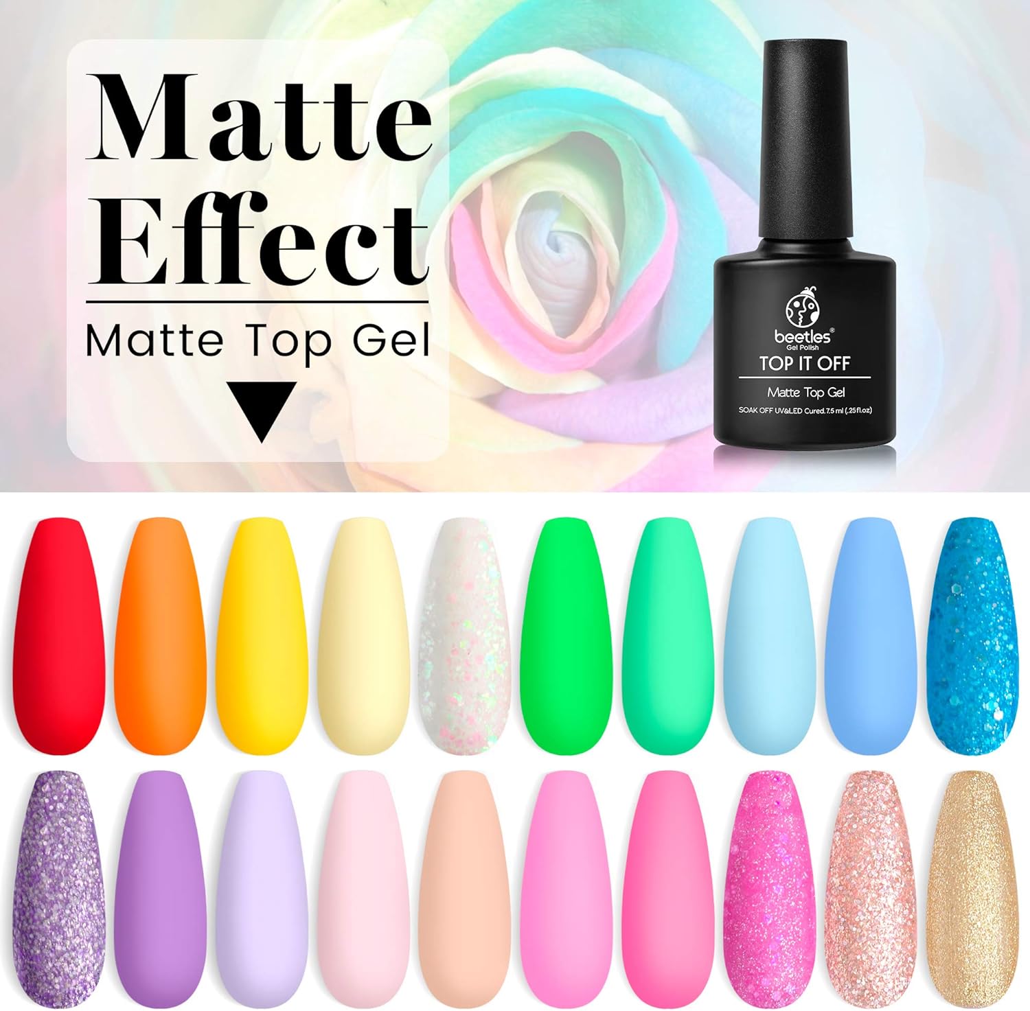 Beetles Pack of 23 Rainbow Summer Gel Nail Polish Kit, Soak Off LED Lamp Gel Nail Polish Set Glitter Nude Gel Polish Starter Kit with Glossy & Matte Top Gel Base Coat Kaleidoscope Collection Nail Art : Beauty