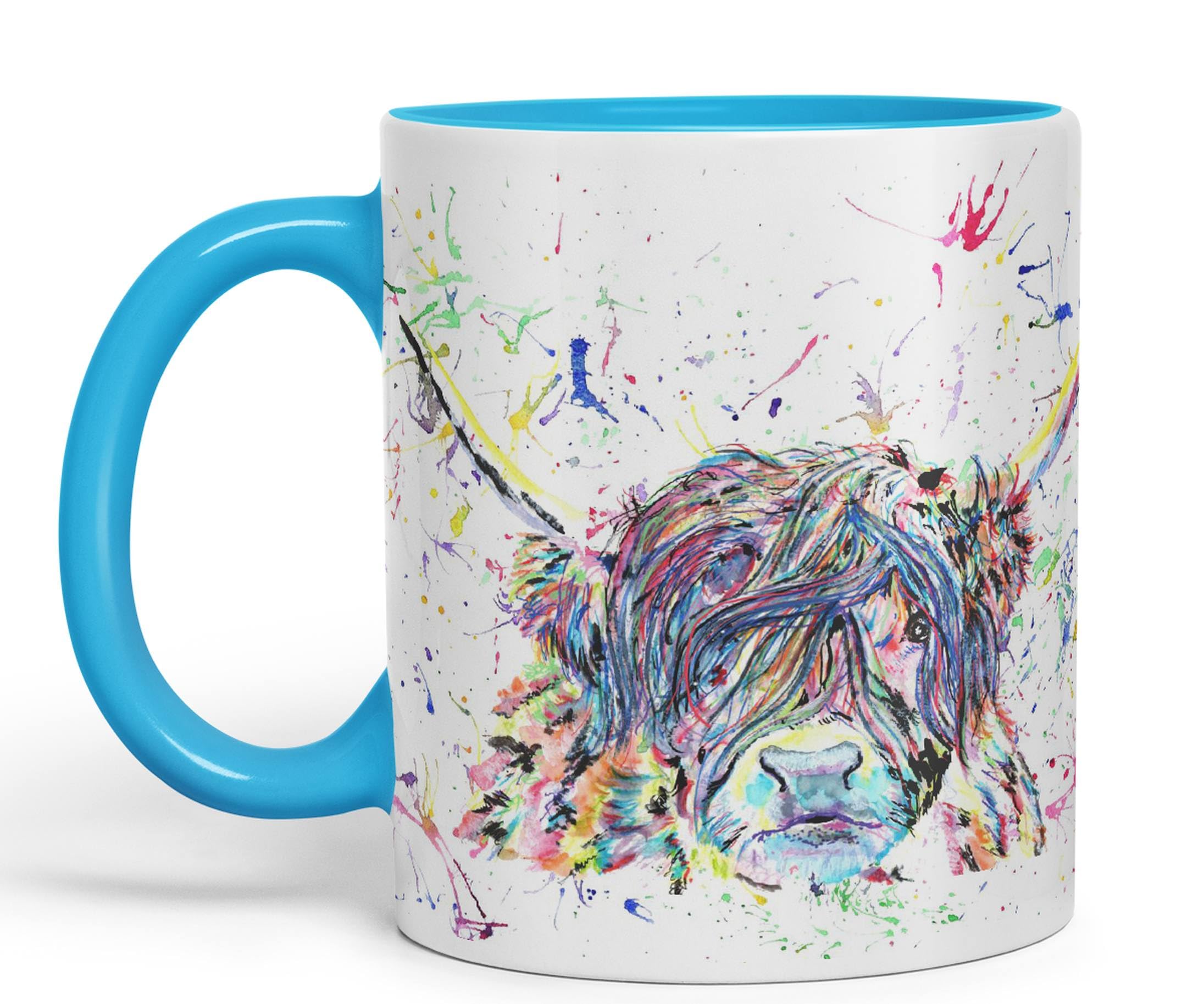 Vixar Highland Cow Scottish Farm Animal Watercolour Rainbow Art Coloured Mug Cup, Gift, Birthday, Work, Office, Christmas Tea Coffee (L Blue)