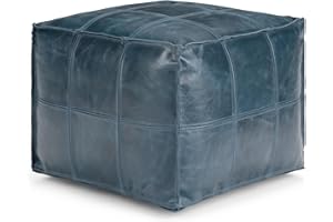 SIMPLIHOME Manning Boho Square Pouf in Teal Genuine Leather for the Living Room, Bedroom and Kids Room