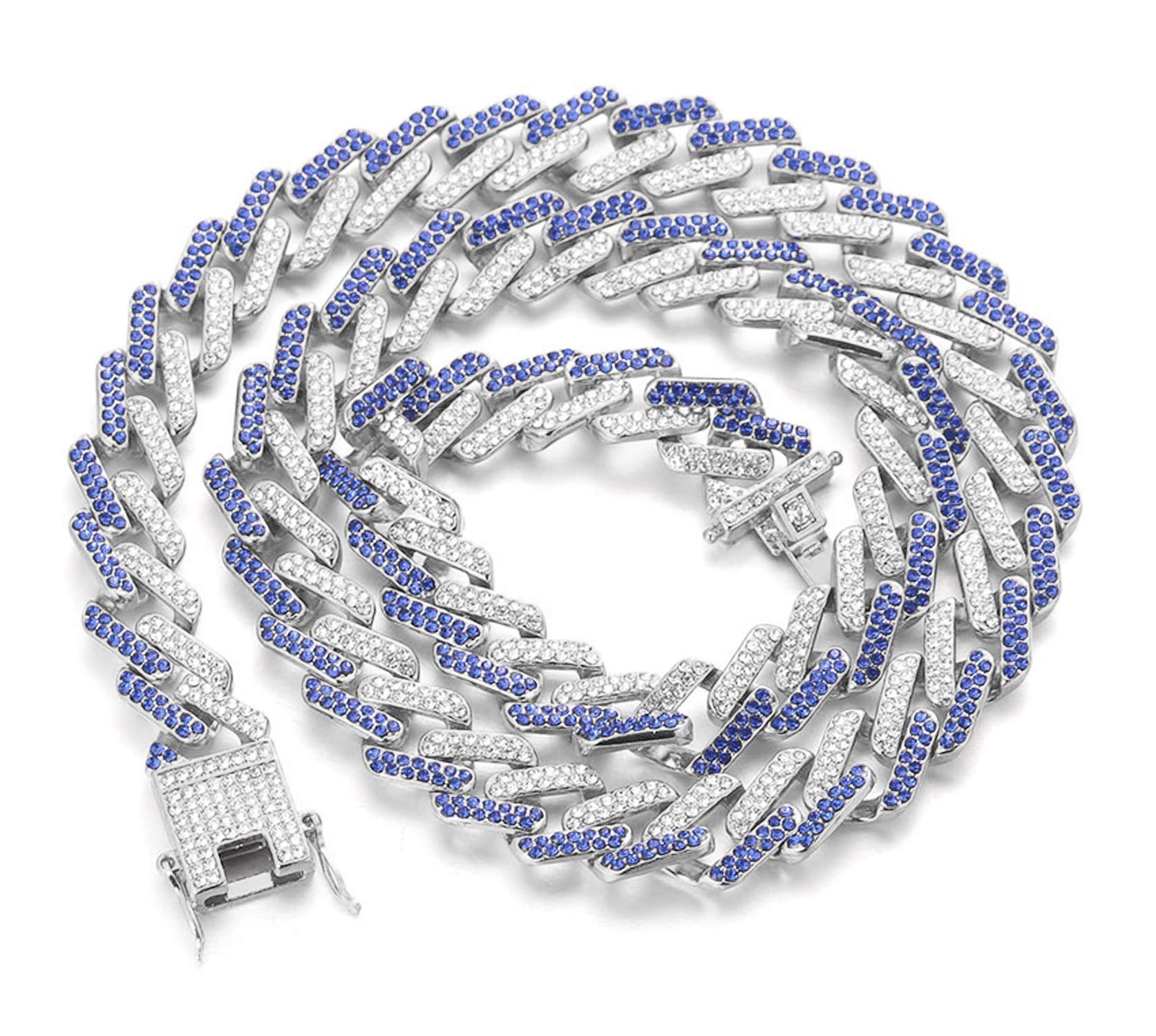 HALUKAKAH Diamond Cuban Link Gold Chain for Men Iced Out,13MM Fuji Platinum White Gold Finish Choker Necklace 75cm,Multicolor Blue White Diamonds Prong Set,Gift for Him