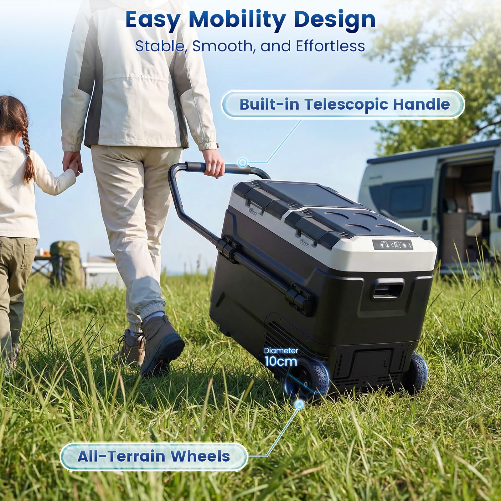 KROAK 50L Kompressor-Kühlbox mit Bluetooth-App, 2 unabhängige Temperaturzonen (-20°C bis +20°C), 12V/24V/230V – inkl. Rollen & Trennwand, leiser Betrieb (45 dB) – ideal für Auto, Caravan, Camping 4