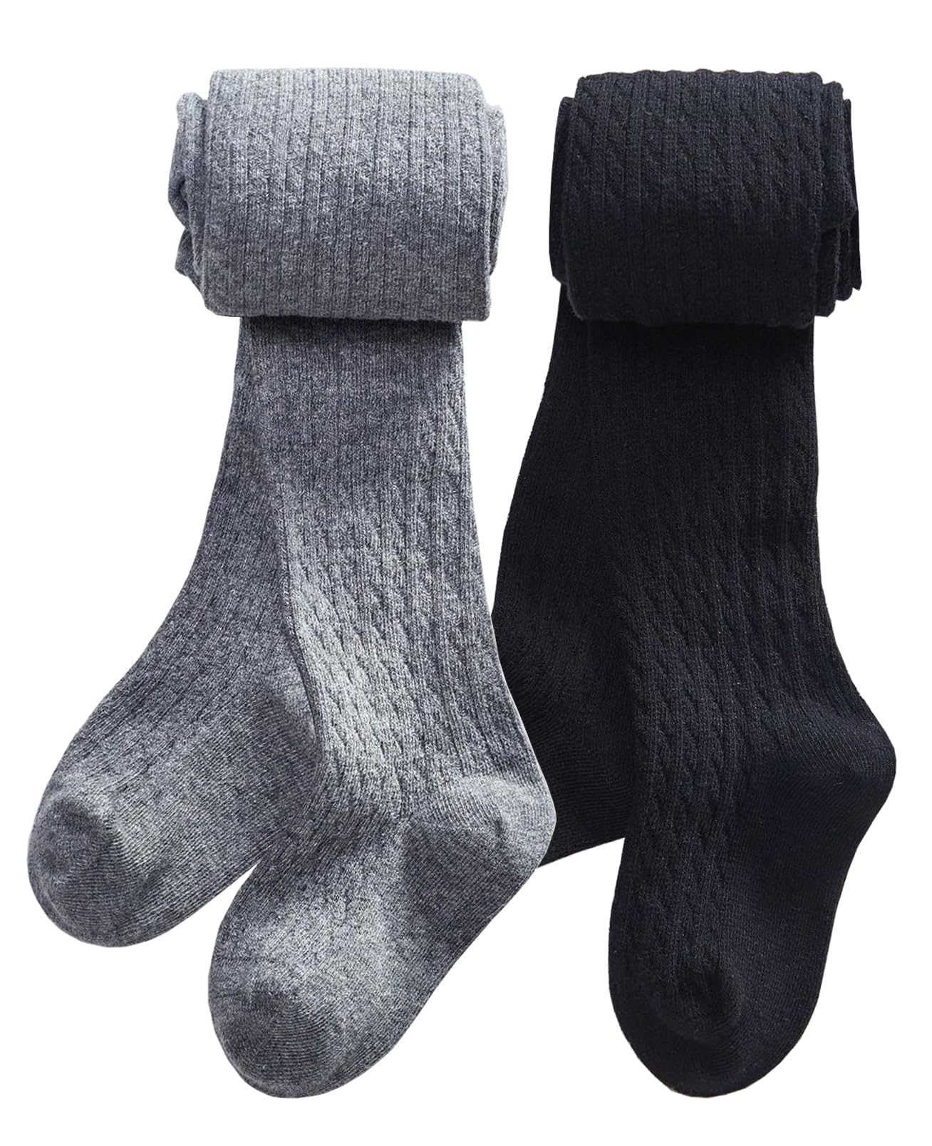 CHUNG Toddler Little Girls Cotton Tights Footed Thick Winter Cable Knit Legging Pantyhose Stocking (150-9-11Y,2Pk-Blk+Gry)