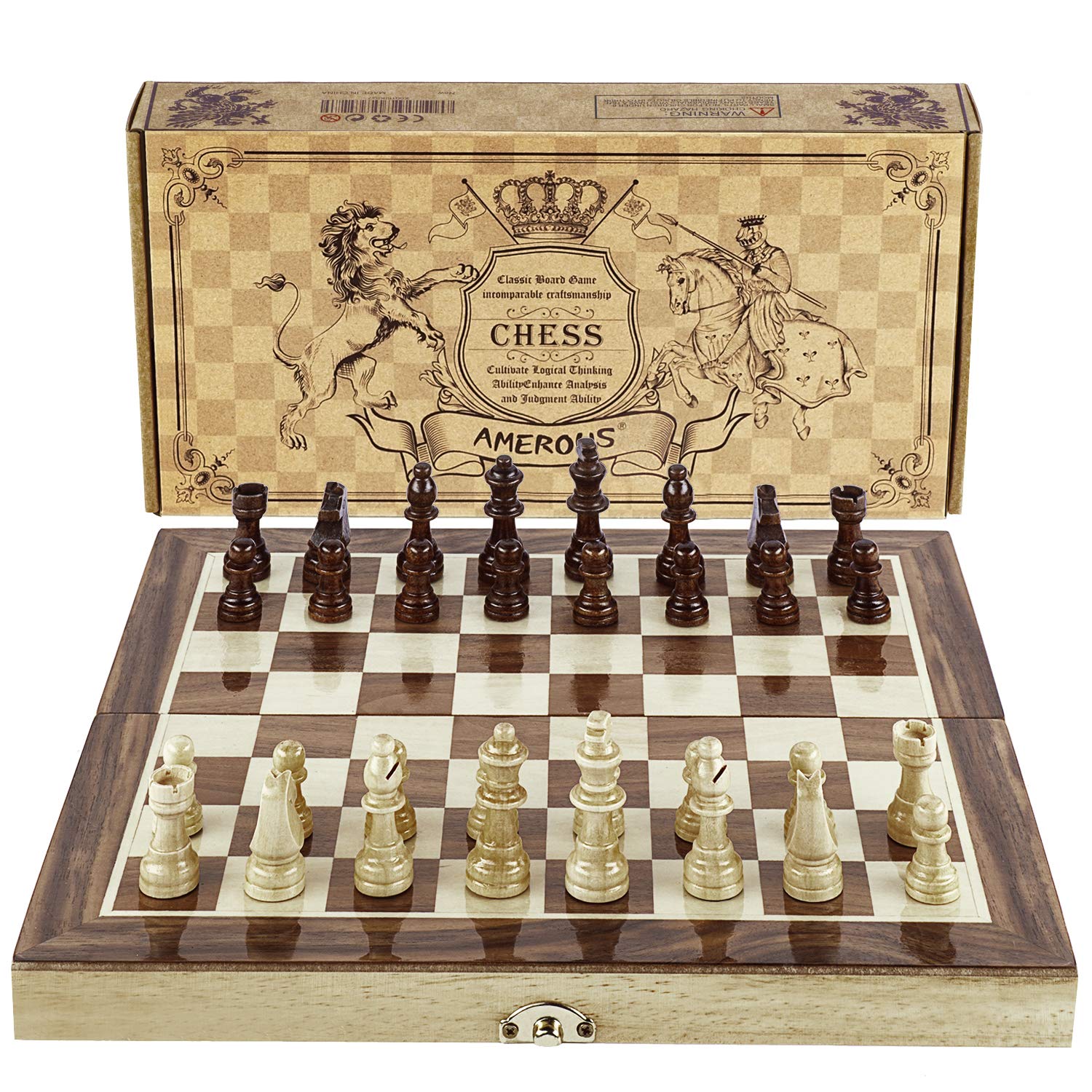 Amerous Chess Set, 12"x12" Folding Wooden Standard Travel International