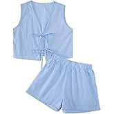 Remidoo Women's Striped 2 Piece Sets Sleeveless Tie Front Crop Tank Top Short Set Beach Outfits