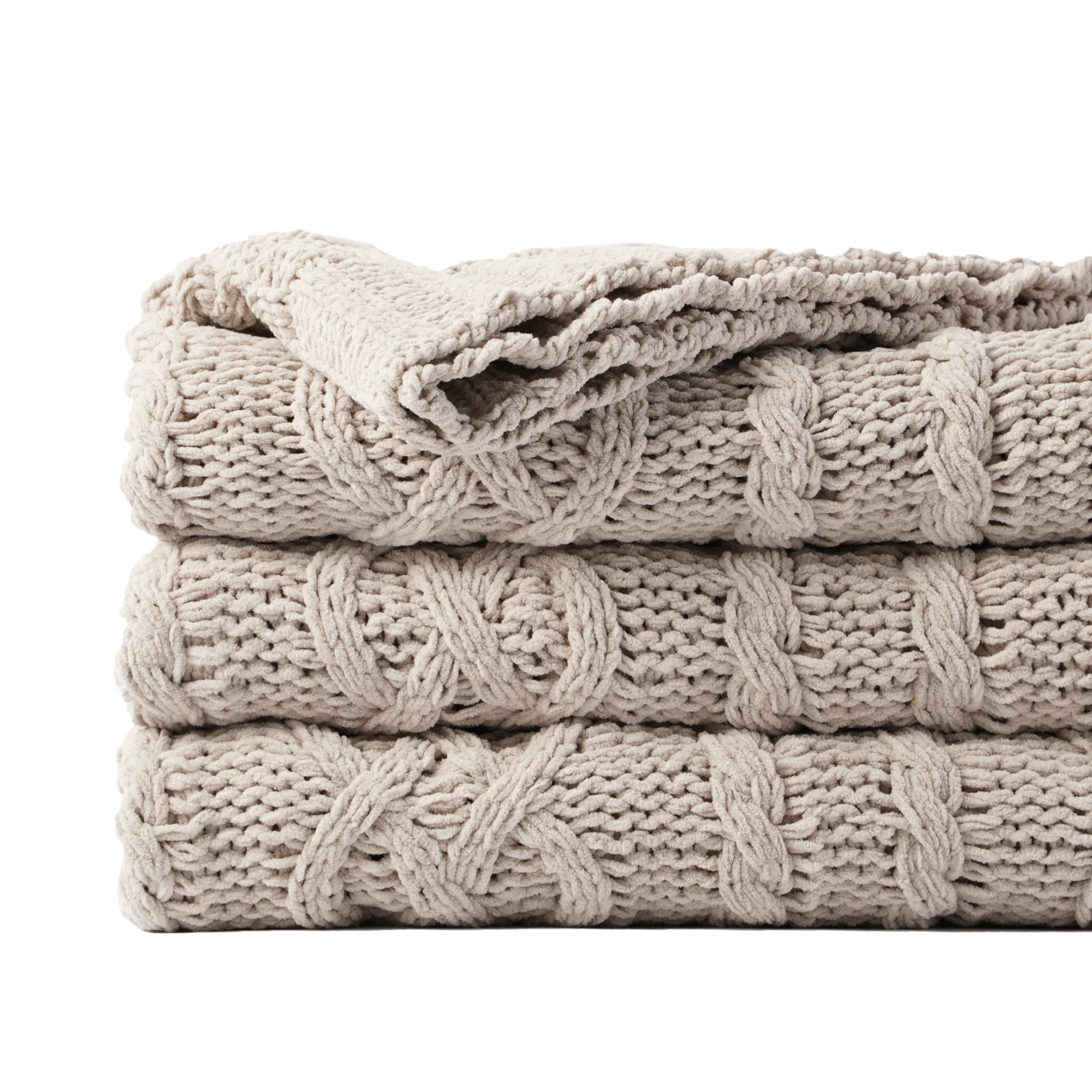 Battilo Chenille Throw Blanket for Sofa, Soft Warm Cozy Knitted Blanket Textured Chair Sofa Settee Throw Bed Blanket, Light Grey 130x170cm
