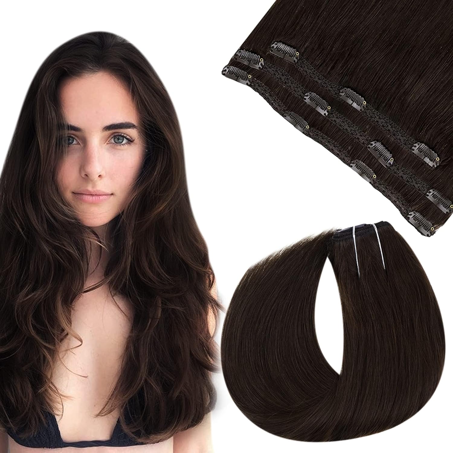 Easyouth Real Hair Extensions Clip in Human Hair Color Darkest Brown